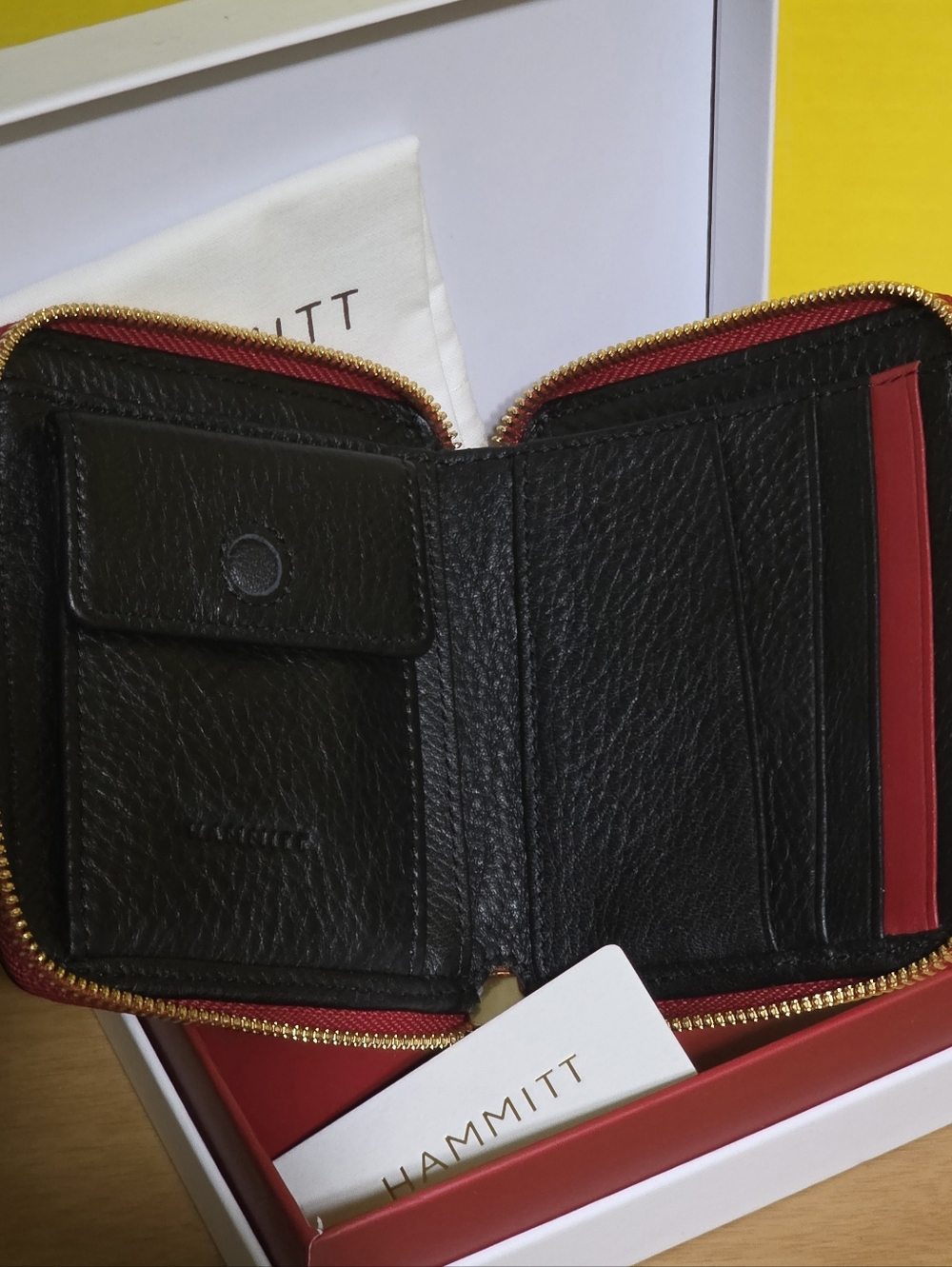 Hammitt Black Leather Zip Wallet with Gold Stud Accents and Red Zip - Picture 5 of 6